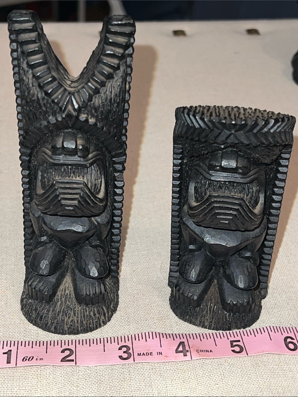Vintage Coco Joe's Black Lava Tiki Statues Lot of 2 Kukailimoku Ku Warriors